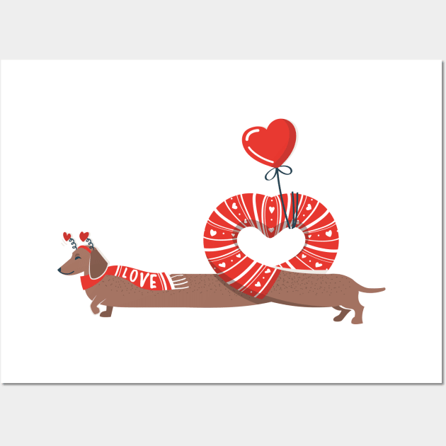 Dachshunds long love // neon red hearts scarves sweaters and other Valentine's Day details brown funny weiner dog puppy Wall Art by SelmaCardoso